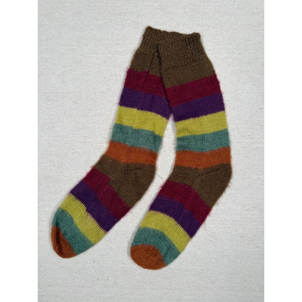 Handmade Wool Striped Crew Socks Multi-Color Knit Earth Tone Boho Cozy Warm